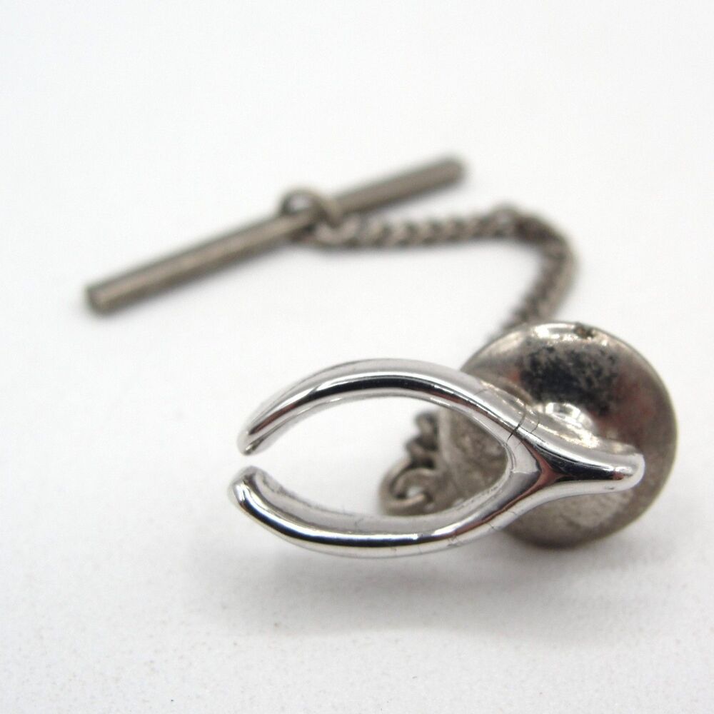 Vintage Silver Tone Wishbone Tie Tack Pin Security Chain Bar Mens Good Luck